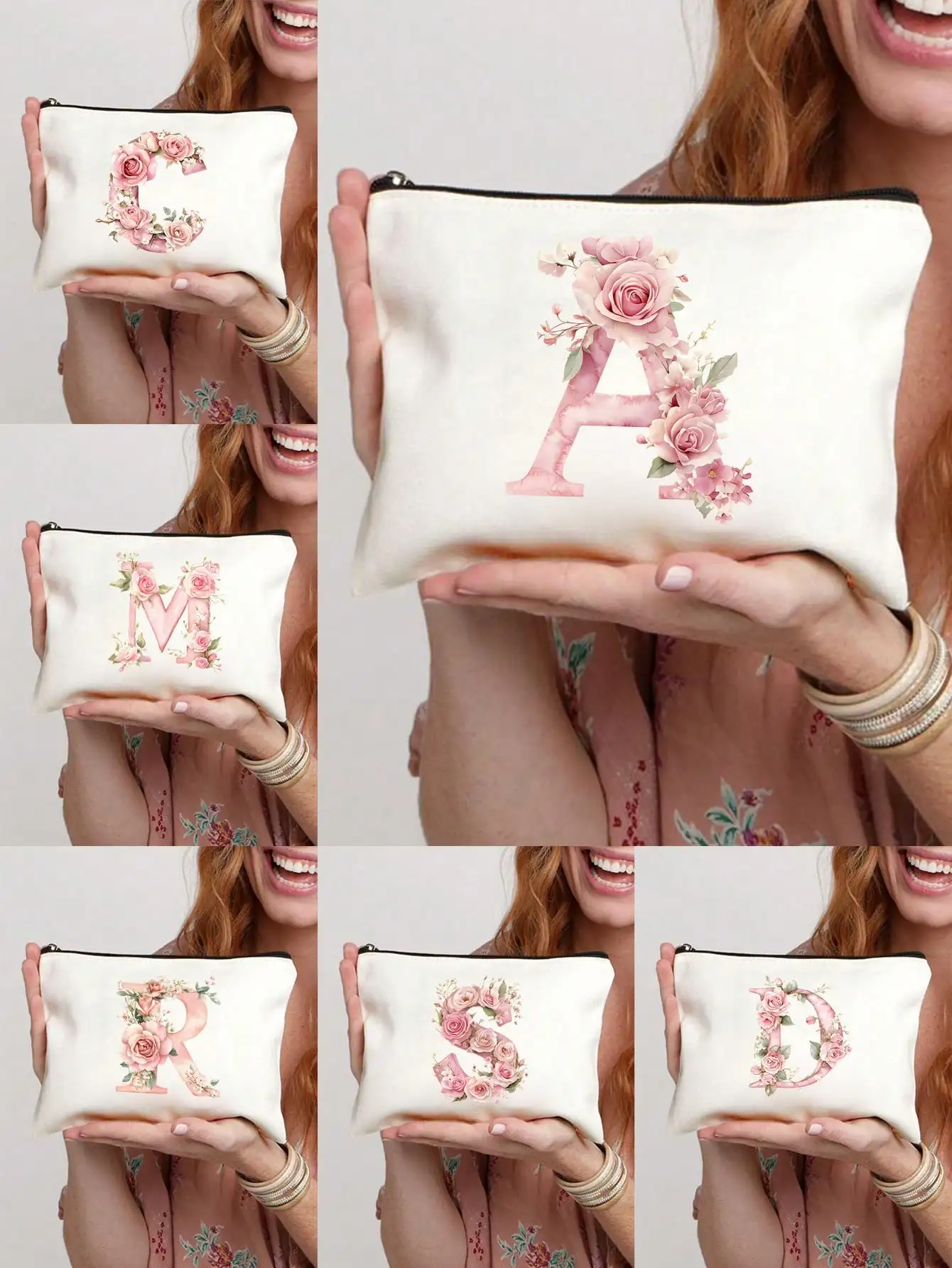 Printed Makeup Bag With Pink Rose Letter Pattern. Spring Pastoral Style. White Travel Wash Bag, Lightweight Foldable Zipper Bag, Cosmetics And Toiletries Storage Bag, Lightweight Coin Wallet; High Quality Materials