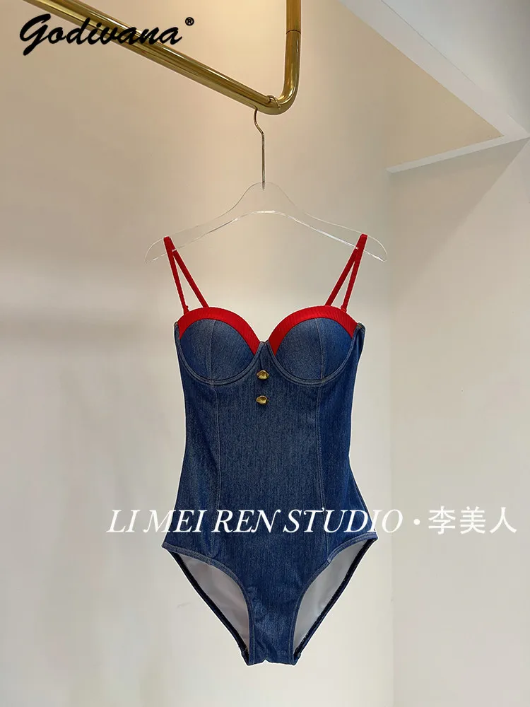Spliced Denim One‑Piece Swimsuit Set Sexy Push‑Up Slim Bathing Suit with Sheer Lightweight Sun‑Protection Cover‑Up Swimwear