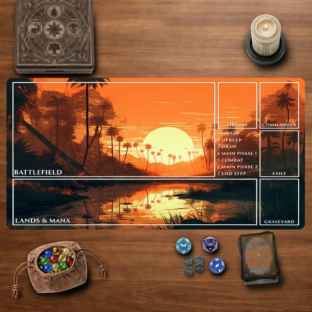 Tropical Sunset Palm TCG Playmat 35X60CM Island River Magic Card Battle Mat Non-Slip Durable Stitched Edge Tabletop TCG Playmat