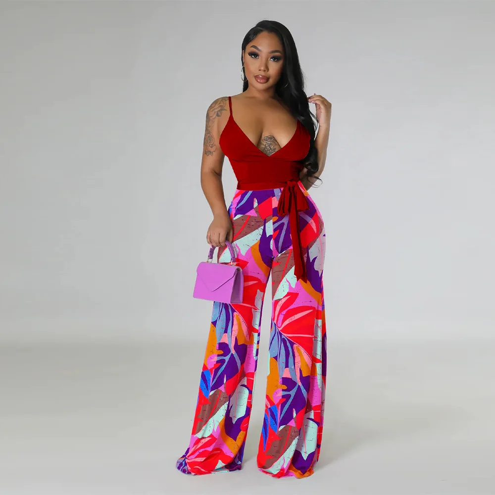 Women Patchwork Spaghetti Strap Backless Sleeveless Jumpsuit Sexy Deep V Summer Beach Wear Wide-Leg Pants Jumpsuit