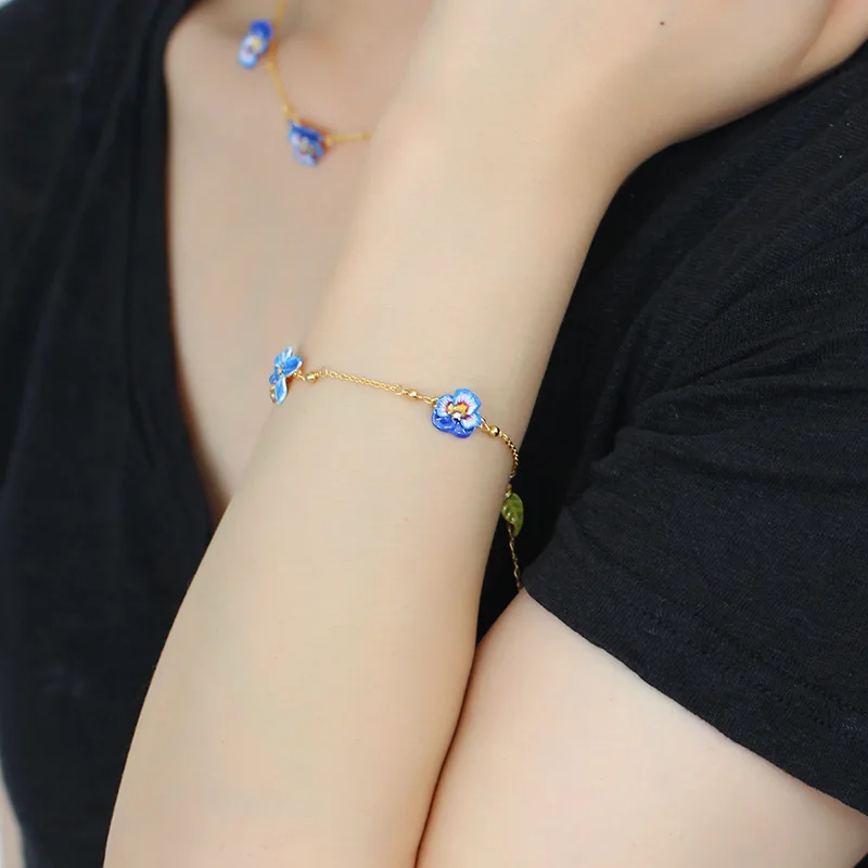 Fashion Gentle Style Blue Pansy Charms Handmade Enamel Bracelet, Necklace for Women, Nice Gift for Lady Accessories for Women