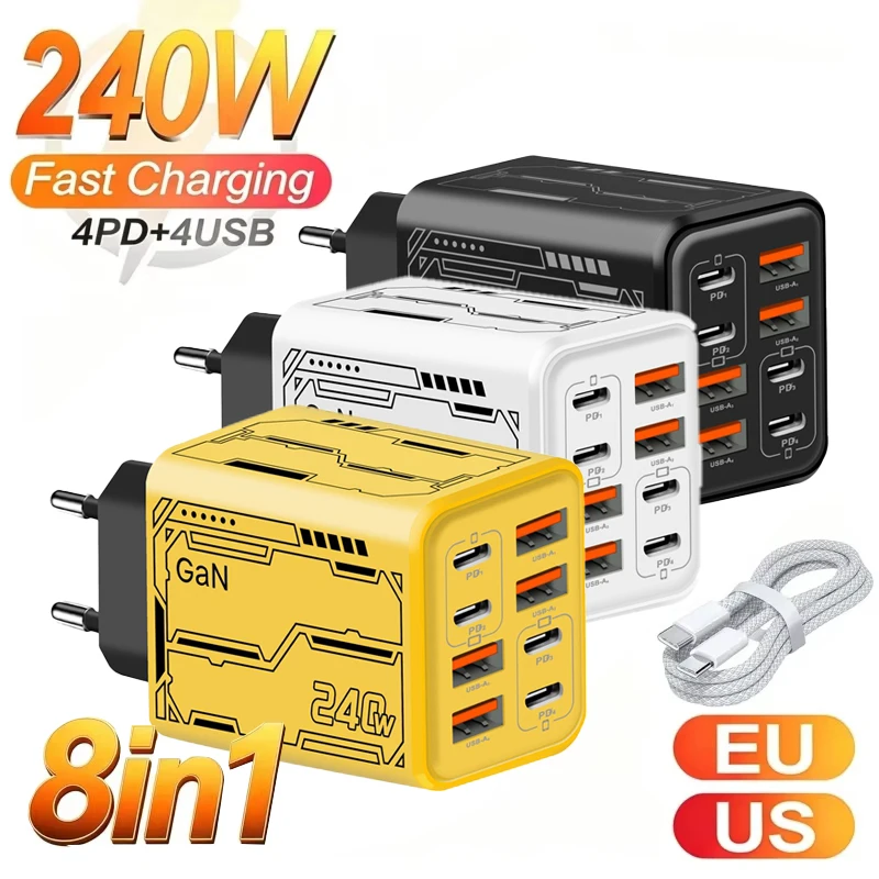 8 in 1 GaN USB C Desktop Charger 240W Fast Charge Phone Adapter Type C Cable For iPhone Samsung Xiaomi EU/US/UK Plug Charger