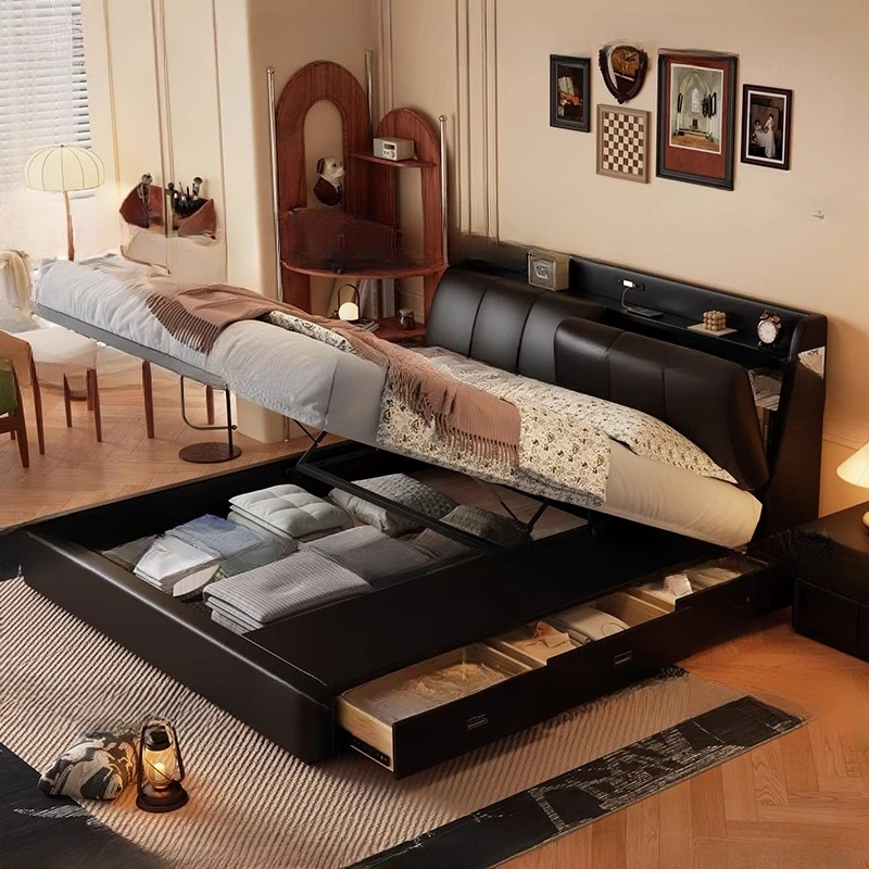 Italian minimalist multi functional cloud bed, solid wood storage leather double bed, cream wind