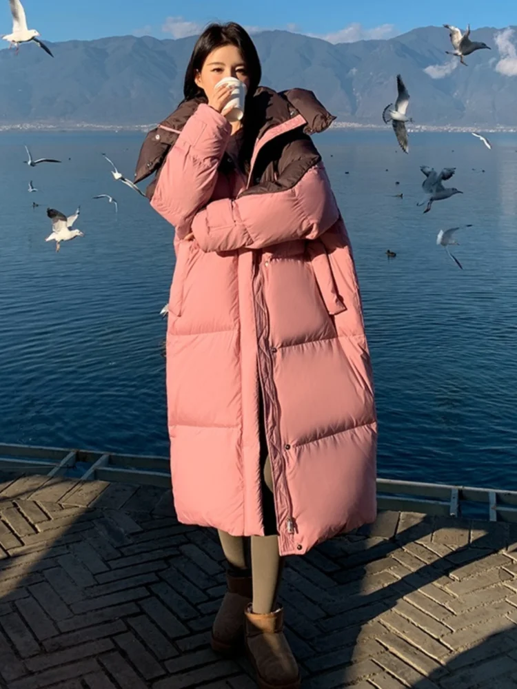 Winter Lange Unten Jacke Frauen 90% Weiße Ente Unten Mantel Dicke Lange Puffer Weibliche Lose Warme Mit Kapuze Farbe Spleißen Kleidung weibliche