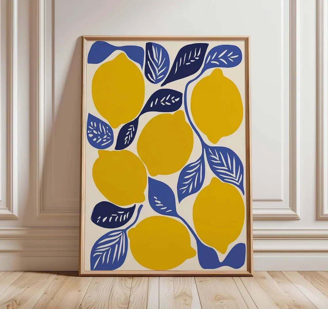 Zitronen-Wandkunstdruck, modernes Obst-Poster, kräftige, farbenfrohe Küchenkunst, zeitgenössischer Zitrusdruck, mediterranes Esszimmer-Dekor