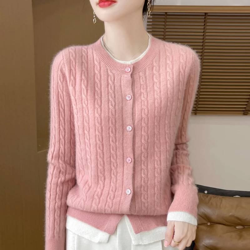 100% Merino Wool Knitted Cardigan Round Neck Color Blocked Fashionable Long Sleeve Elegant Warm Autumn/Winter Jacket Sweater Top