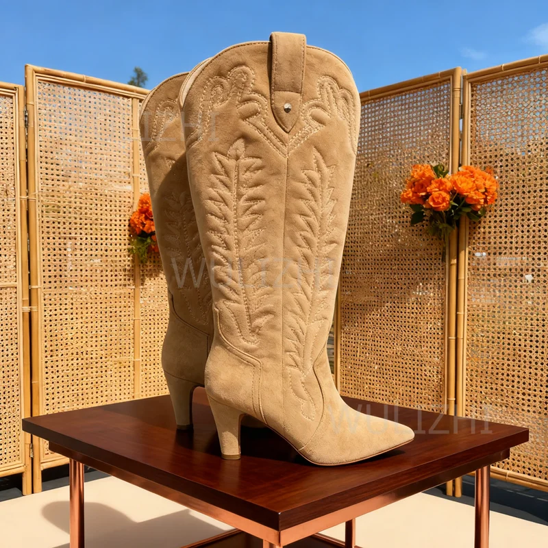 

Light Brown Suede Patterned Red Heel Boots Knee Women Denim Dark Blue Leather Pointed Toe Kitten Calf Booties Girls Black Shoes