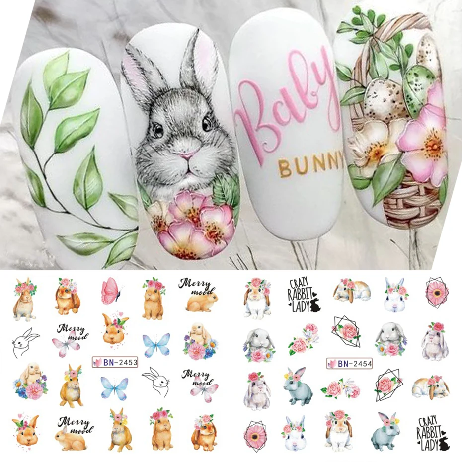 12pcs Easter Bunny Egg Sliders For Nails Rabbit Cartoon Design Flower Leaf Spring Decals Foils Accessories Watermark Sticker