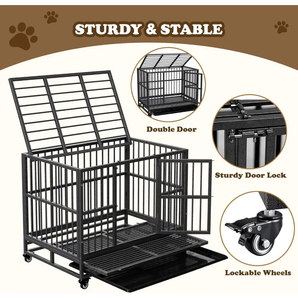 صندوق كلب مع صينية قابلة للإزالة، بيت قفص كلب فولاذي غير قابل للتدمير ومقاوم للهروب مقاس 37/42/46 بوصة للكلاب عالي القلق، ثقيل #4