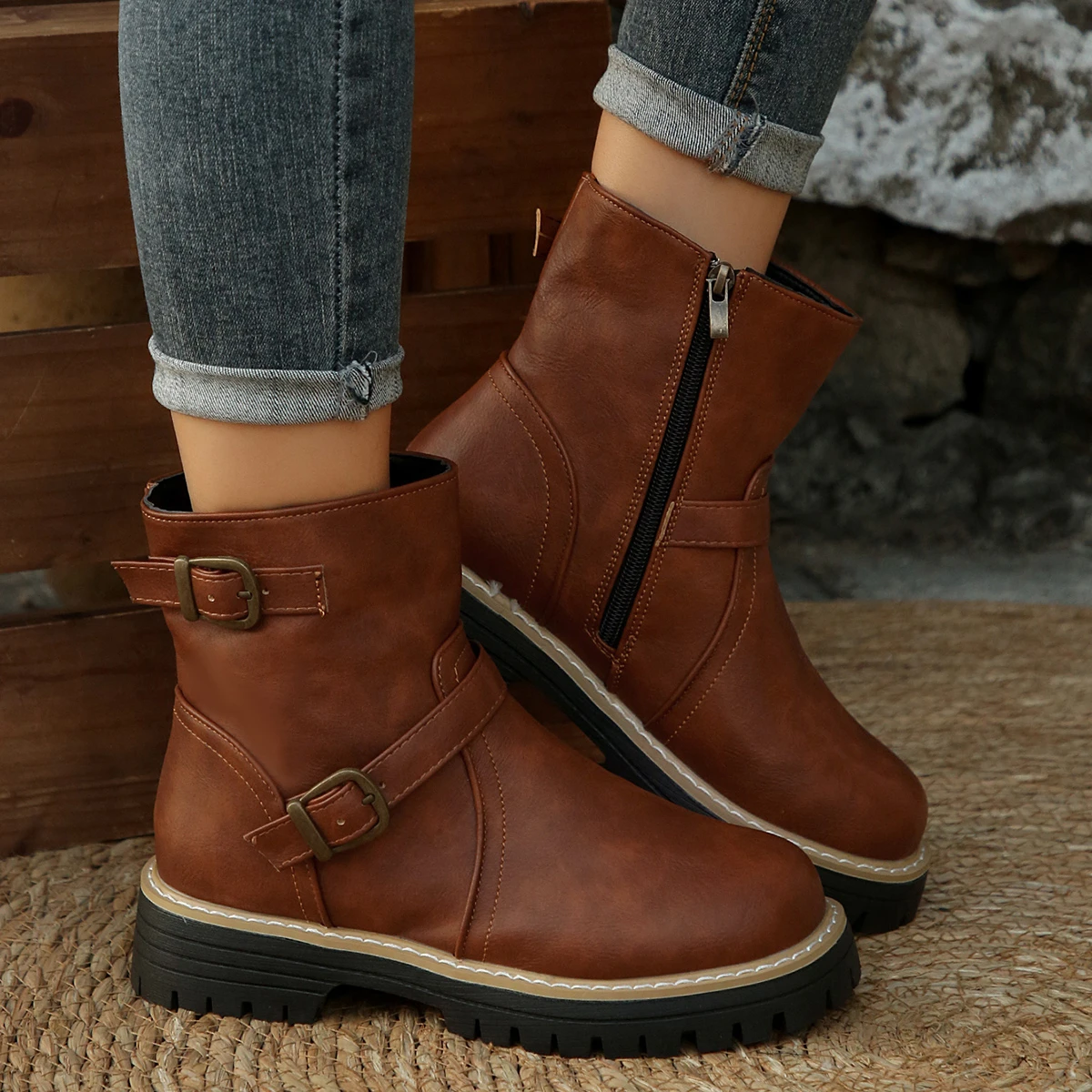 Women Ankle Boots Thick Bottom British Style Short Boots Women Round Toe Knight Boots Warm Wear Resistant Medium Heel Shoes