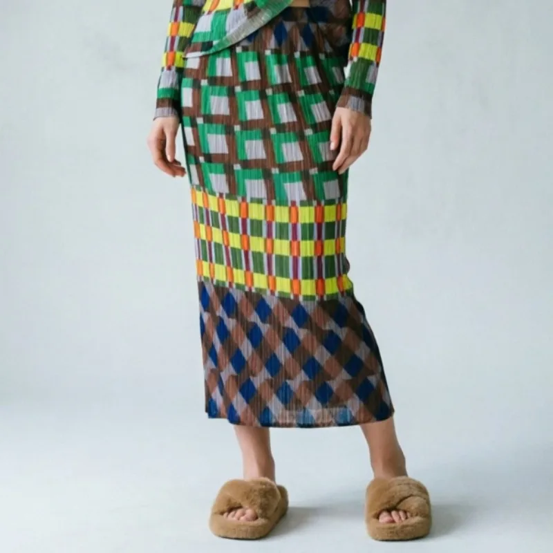 Miyake Pleated Printed Skirt Women 2026 Summer Retro Color-Block Geometric Plaid Polka Dot High-Waisted Straight Length Skirt