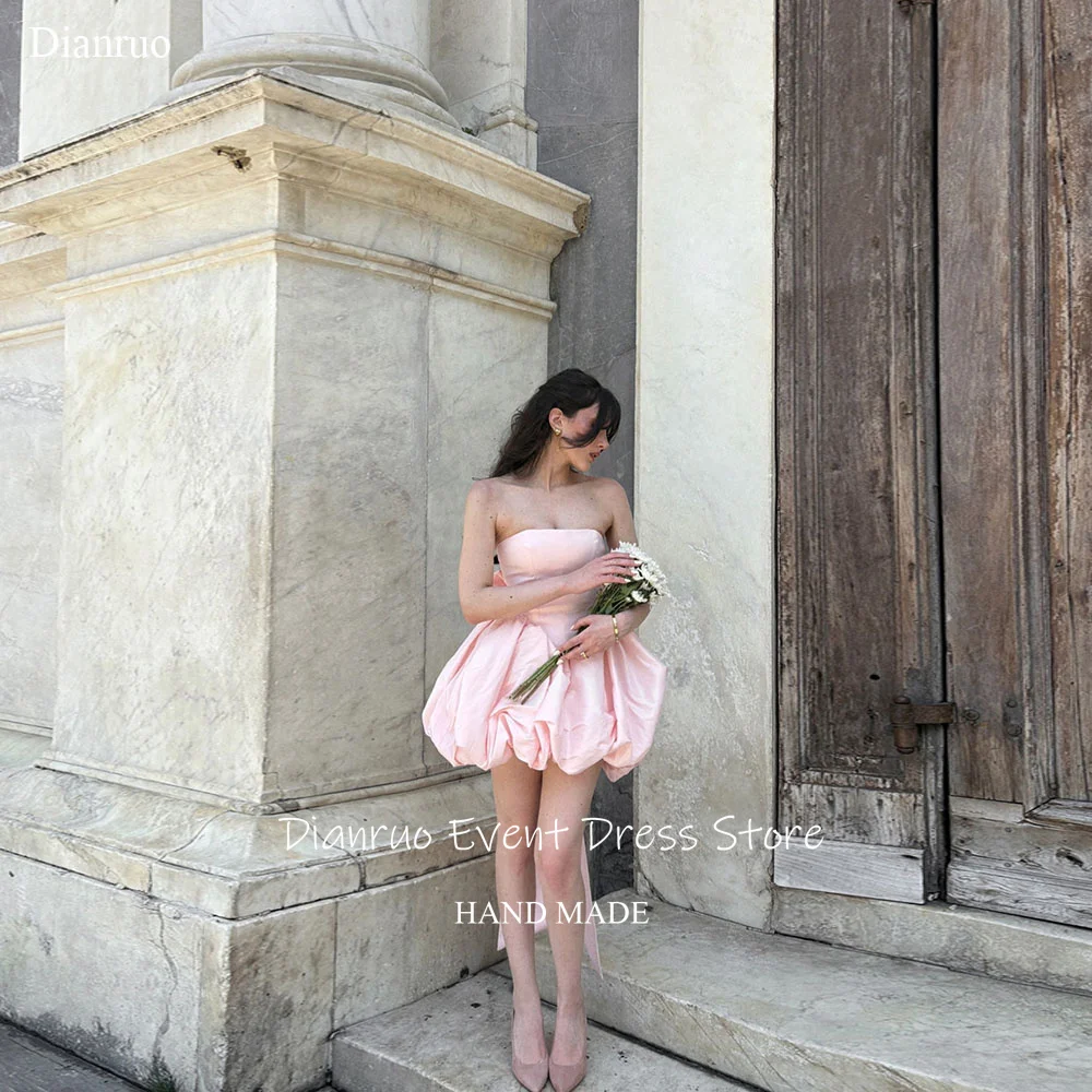 ディアンルオ ミニ Aライン イブニングドレス ピンク ストレスレス パフ サテン ローブ ド ソワレ 大きなリボン レースアップ ドレス レディース カスタムメイド