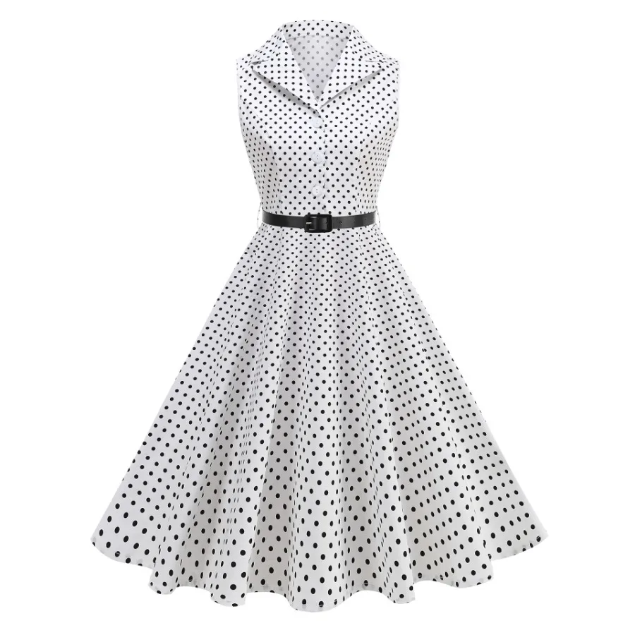 

【Новый стиль】 - Европейское и американское платье в стиле ретро Хепберн с волнистыми вставками в горошек, подчеркивающими стройность и талию, модное, без рукавов.