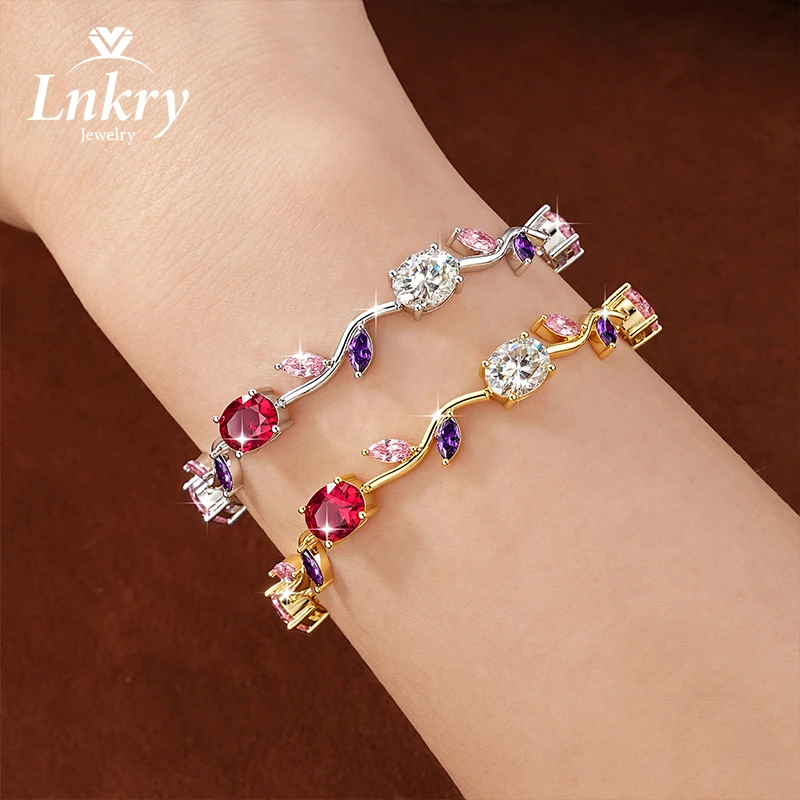 Lnkry Exquisite Colorful Zircon Leaf Vine Flower Shape Chain Bracelets 7x9mm Oval Cut Moissanite Bracelet For Women Hand Jewely