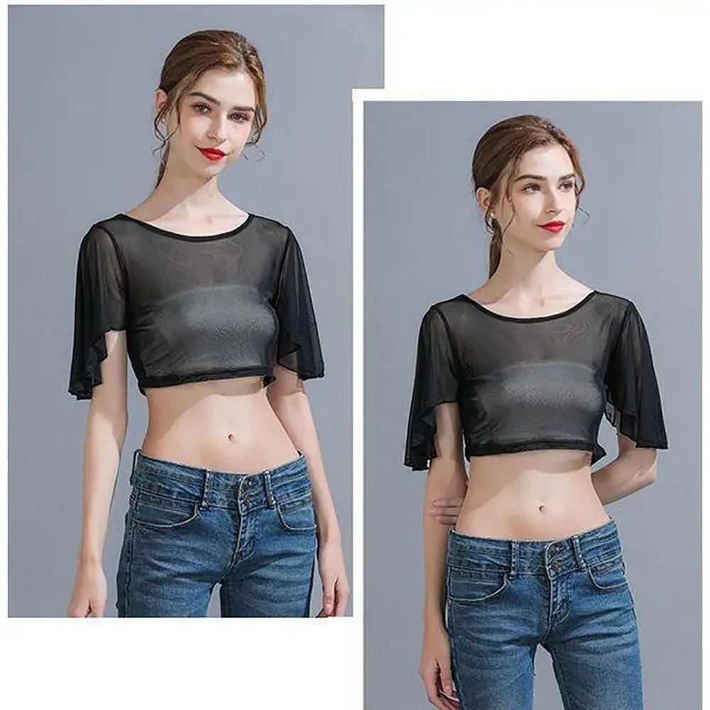 Thin Jacket See Through Mesh T Shirt Black White Short Crop Tops Short Sleeve Women