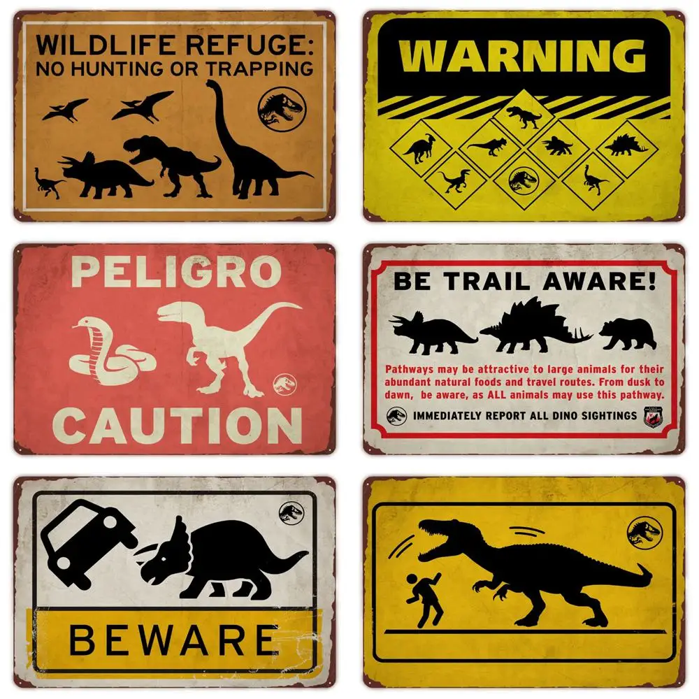 Beware of Raptor Funny Metal Tin Sign Slow Down Sign Garden Home Outdoor Zoo Plaque Dinosaur Warning Sign Vintage Wall Decor