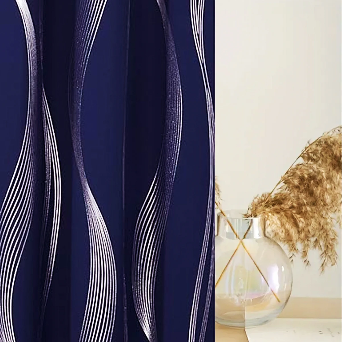 2 PCS Grommet Top Curtains, Silver Wavy Stripe Pattern Curtains, Indoor Sun Shading, Heat Insulation, Bedroom/Home Decoration