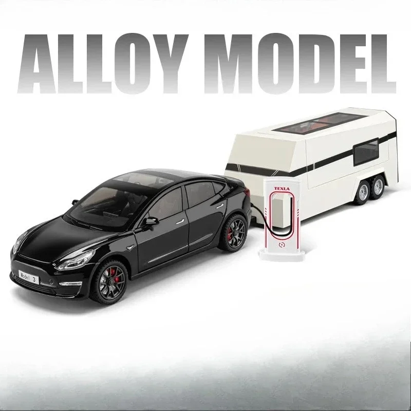 

Simulation 1:24 alloy Tesla model 3 trailer RV model ornament toy premium gift Advanced Collection Ornament Car Models