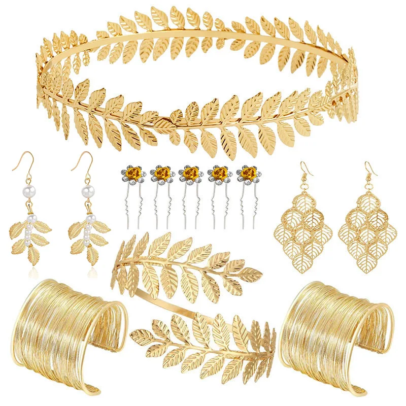 FTCY Vintage Griechisches Schmuckset für Frauen, goldfarben, Armbänder, Ohrringe, Kopfbedeckung, Set im Barockstil, verstellbar, Damenschmuck, Geschenke – Detail 11