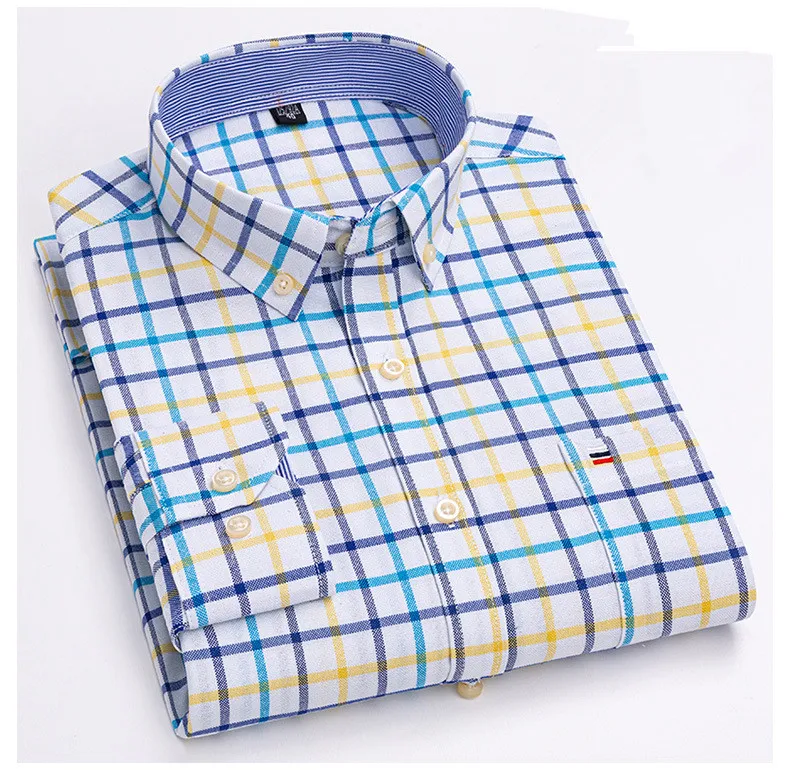 Men\'s 100% Cotton Long Sleeve Button Down Check Shirt Single Chest Pocket Work Casual Standard-fit Plaid Striped Oxford Shirts