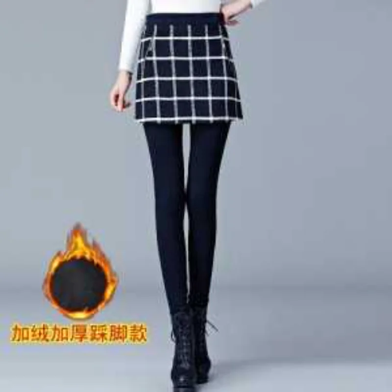 Fleece Fake Two-piece Leggings Women Autumn Winter Thickened Butt-covering Culottes Foot-stepping High Waisted Warm Trousers