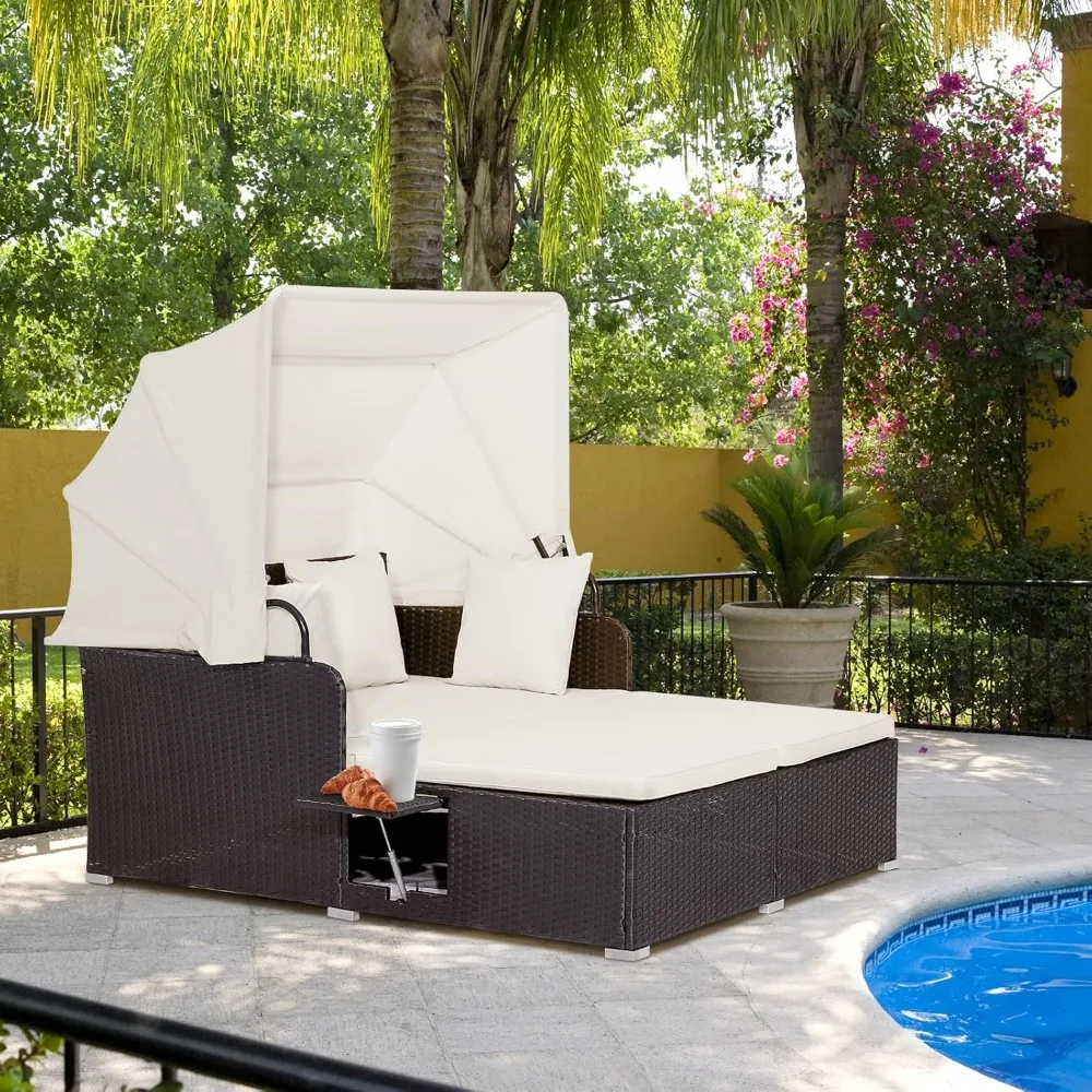 Garden Furniture Sets, Outdoor PE Rattan Lounge Daybed with Retractable Canopy & 2 Folding Side Trays, Patio Furniture Set