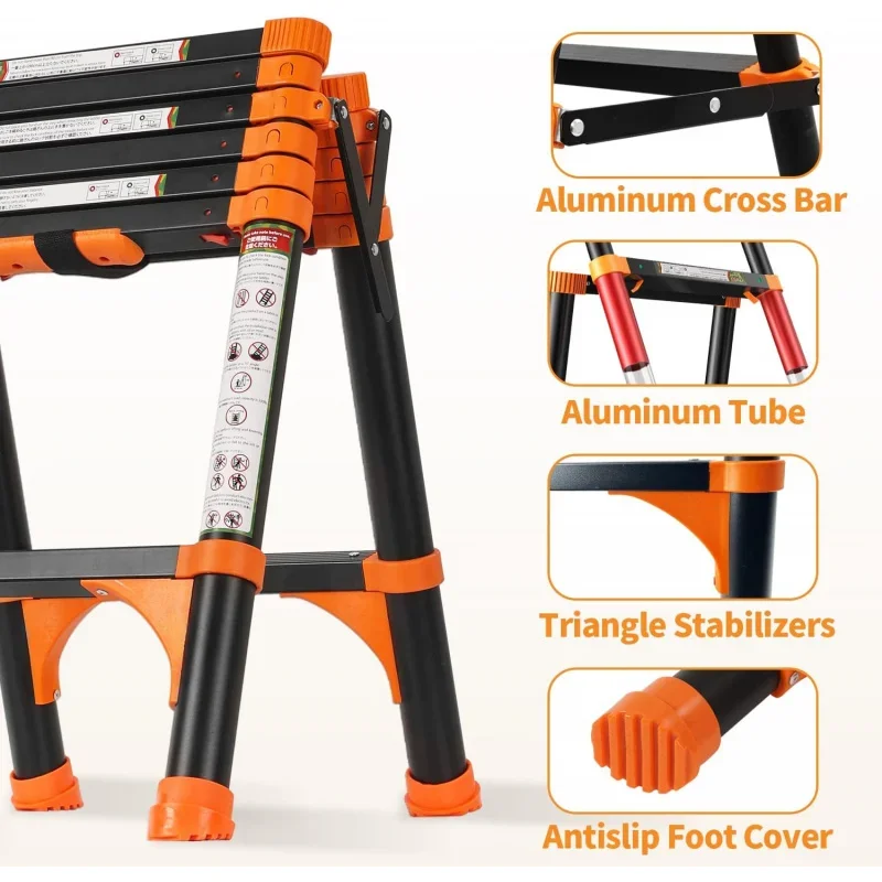 A-Frame Aluminum Telescopic Ladder with 1-Button Retraction, Portable Extension Ladder Adjustable Lightweight Folding Ladder