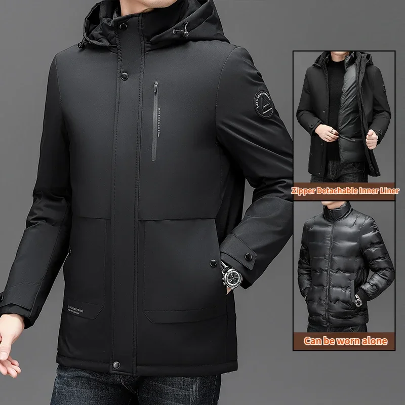 Brand Men's Winter Jacket 2024 New Detachable Liner Down Cotton Warm Coat Business Commuting Thickened Cold-proof Hooded Parka