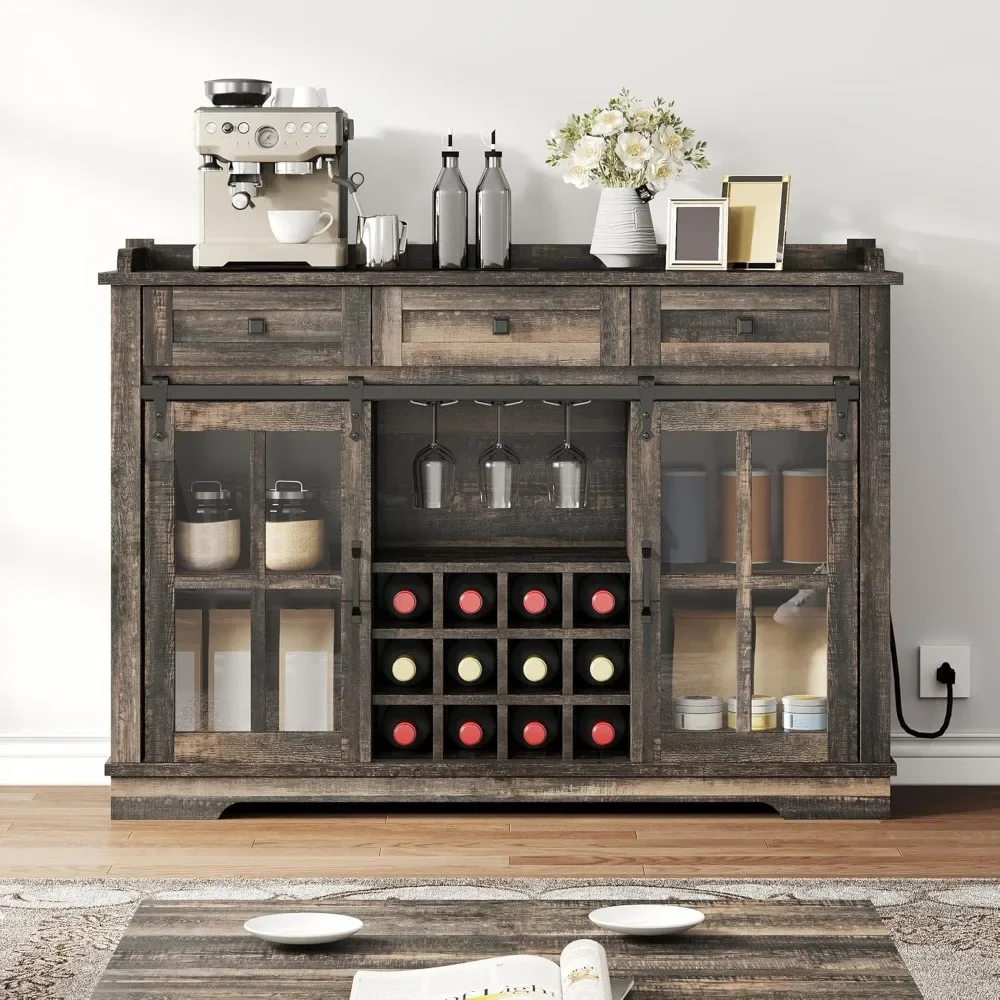 

Bar Cabinet with 3 Drawers and Glass Sliding Barn Door, 53" Bar Cabine, Farmhouse Kitchen Sideboard Buffet Coffee Bar Cabinets