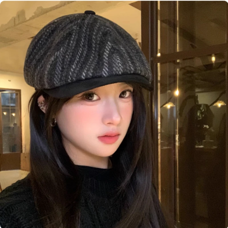 

Японская шерстяная полосатая шляпа для мужчин и женщин, осенне-зимний британский винтажный универсальный берет с короткими полями