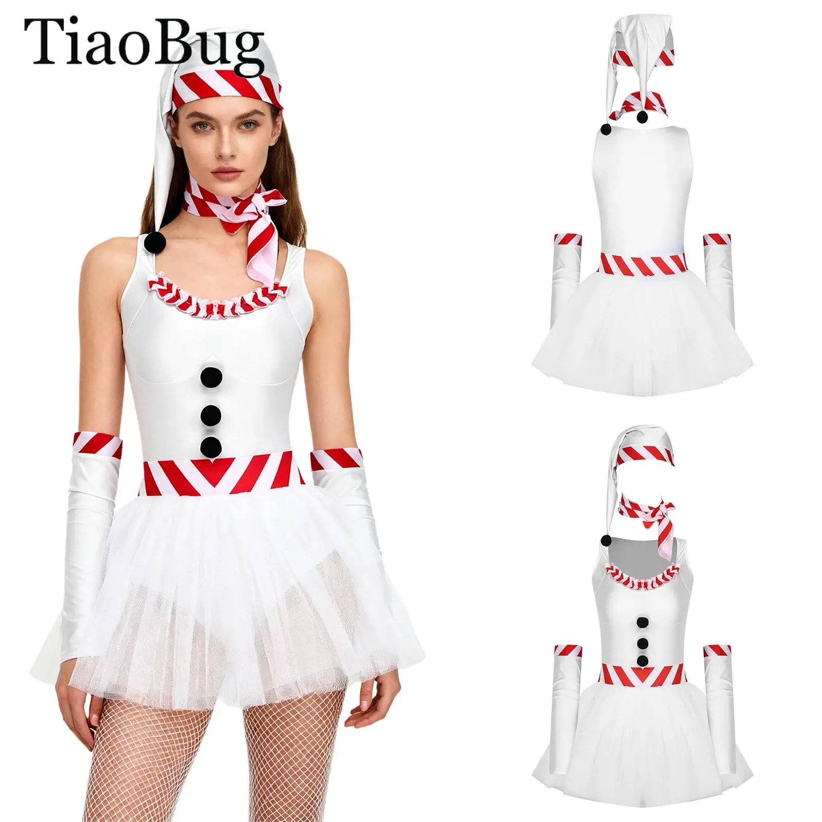 

Women Christmas Snowman White Dress Sleeveless Tulle Tutu Dress with Stripe Scarf Arm Sleeves Hat Set Xmas Santa Claus Costumes