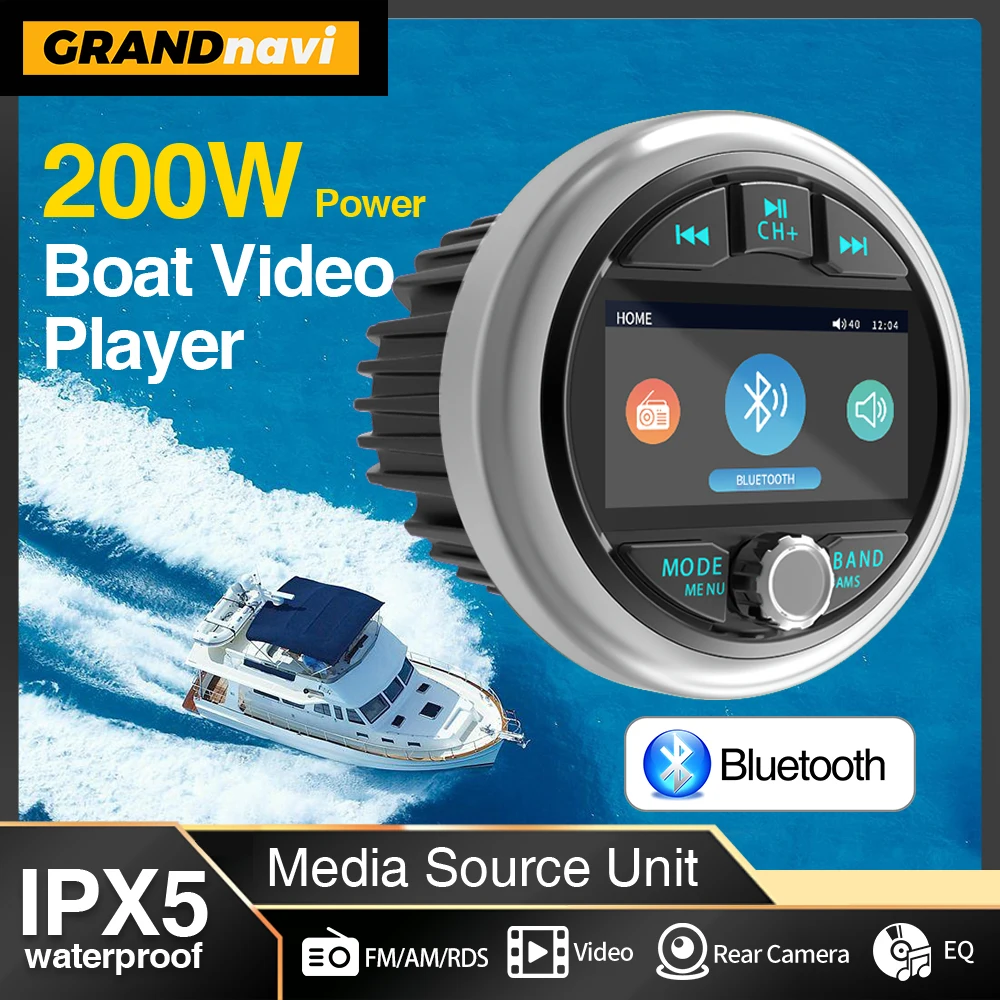 GRANDnavi MP5 Marine Stereo Waterproof IPX5 Boat Radio Player Bluetooth FM AM RDS Audio For Yacht Gauge ATV UTV Cart Motorcycle