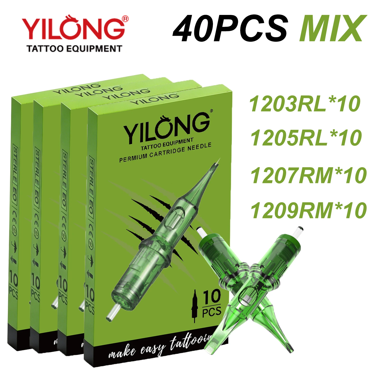 YILONG 40PCS MIX Cartridge Sterile Package Green Tattoo Needles Permanent Make-Up Tattoo Tool for Cartridge Tattoo Machine Pen