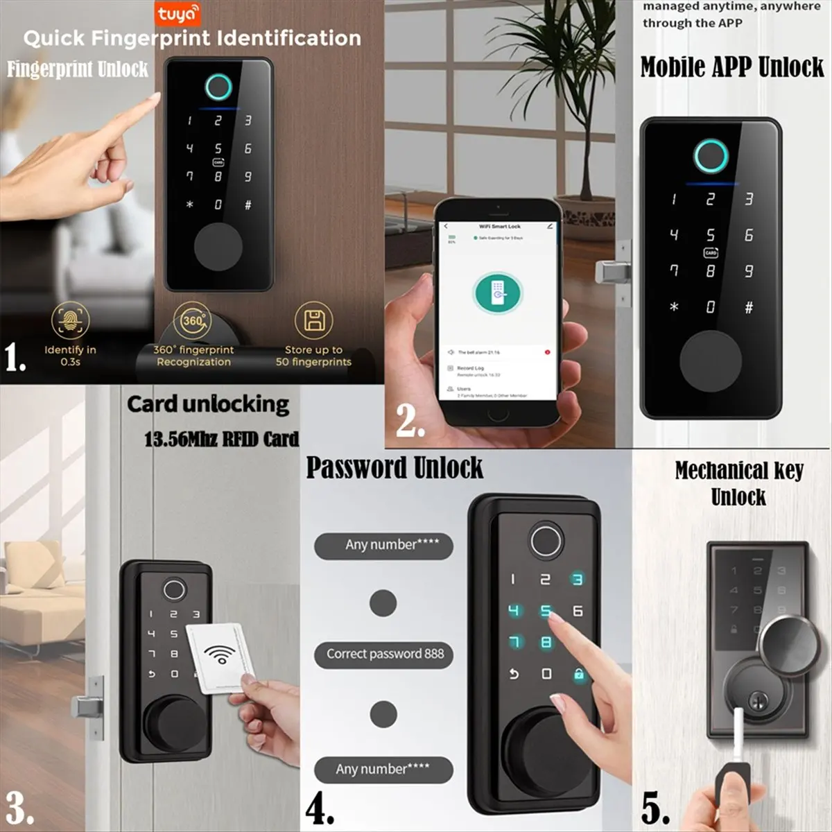 【Smart Accessories】 Tuya App Remote Control Smart Door Lock Deadbolt with Keys Fingerprint Lock Electronics Digital House Electr
