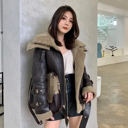 Winter Women Genuine Leather Wool Liner Warm Motorcycle Jacket Fashion Shearling Real Fur Sheepskin Coat Female bomber Jacket