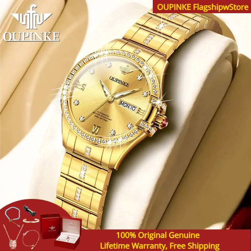 

OUPINKE 3195 Women Watch Luxury All Automatic Mechanical Watch Waterproof Calendar Elegant Diamond Bracelet Dress Women Gift Set