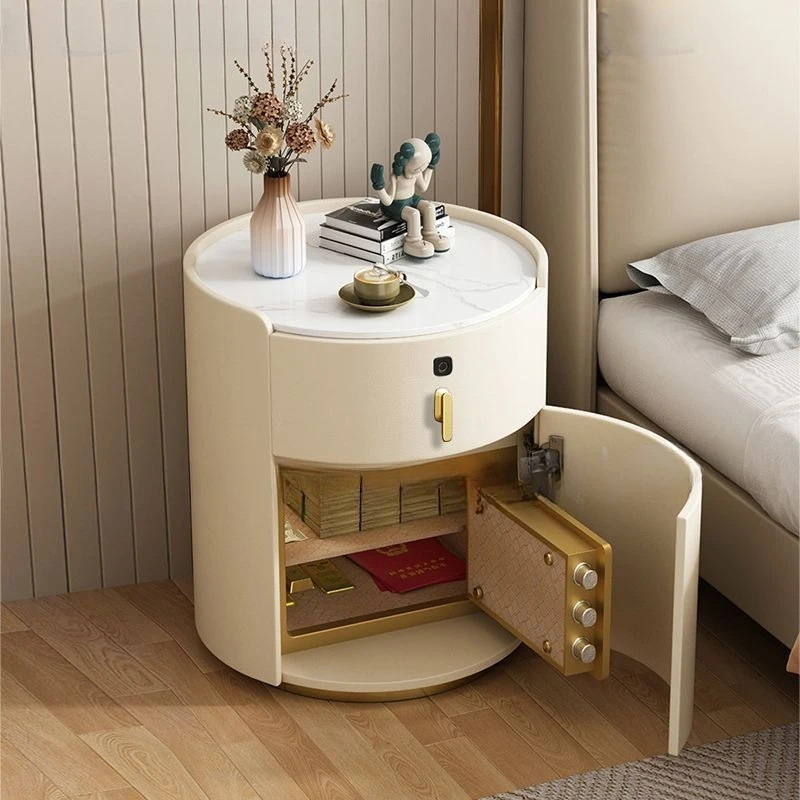 Smart pine round bedside table, fingerprint password safe integrated cabinet, household bedroom bedside table