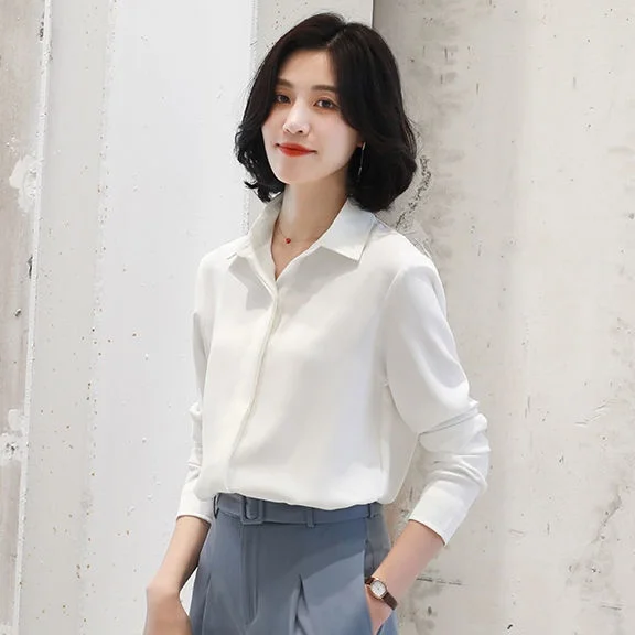 

Autumn Faion Vintage White Button up irt Women's Cleanfit Sle ort Sve Wool Blend Blouse Thin Non-deformable