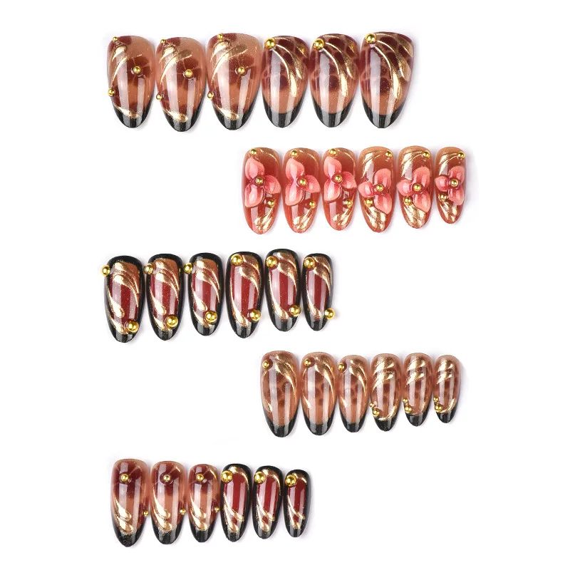 24 قطعة ريترو براون الفرنسية أظافر صناعية ثلاثية الأبعاد زهرة الذهبي تموجات الخريف ليوبارد طباعة الصحافة على الأظافر يمكن ارتداؤها الحلو اللوز وهمية مسمار