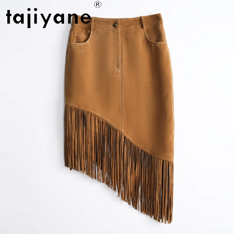 TAJIYANE Low Waist Genuine Leather Skirt Suede Sheepskin Bodycon Women's Skirts Boho Fringed Skirts for Woman Brown Midi Skirt