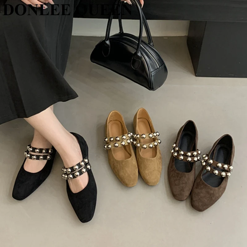 

Women Flats Ballet Shoes Fashion Low Heels Rivet Shallow Ballerinas Square Toe Ladies Mary Janes Mujer Suede Ballet Loafer Mujer