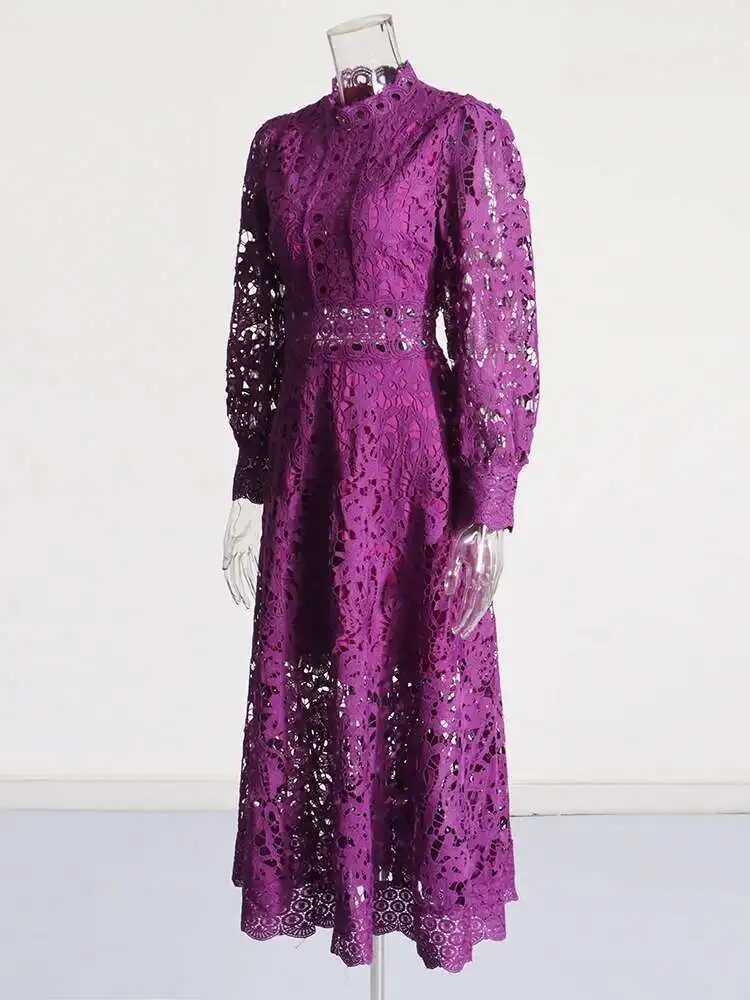Robe vert violet pour femmes, col montant, manches longues, taille haute, découpée, couleur unie, robes mi-longues, vêtements féminins, nouvelle collection automne 2025 PA8W