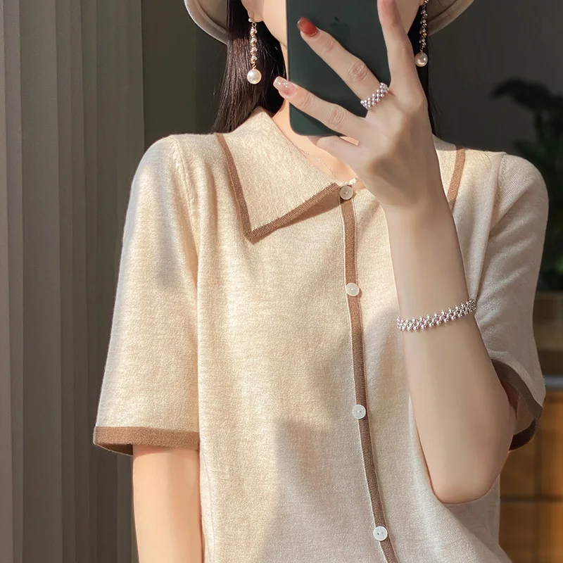 Mid Seam Wool Short Sleeved T-Shirt for Women, Lapel Color Blocking Top, Thin Color Contrasting Bottom, New Style