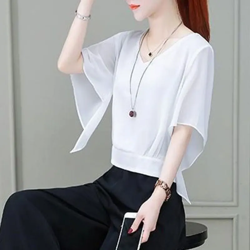 Women's Short Sleeve Chiffon Shirts, Monochromatic, V-neck, Elegant, Casual, Slim, All-match, Summer Clothes, Fashion