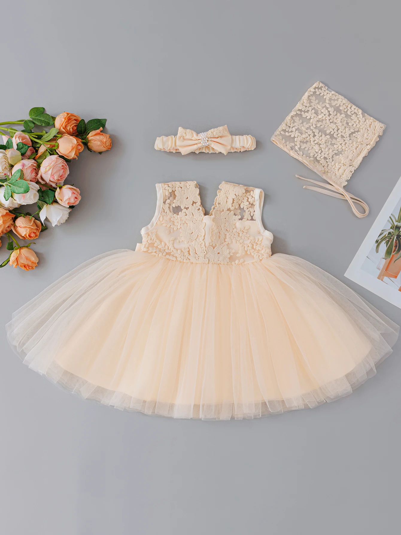 Puffy Gauze Champagne Color Dress Set 3-24 Months Baby Girl Birthday Party Wedding Dress 2026 Girl's Outfit