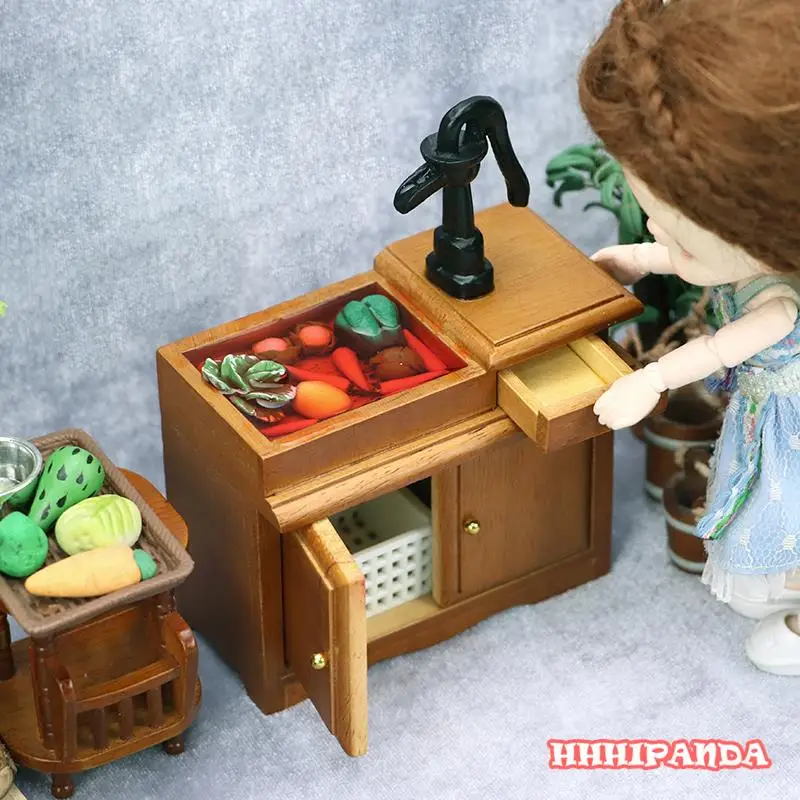 1/12 Dollhouse Miniature Wooden Bathroom Sink Cupboard Kitchen Wash Basin Drawer Furniture Model Decor Toy Doll House Accessor