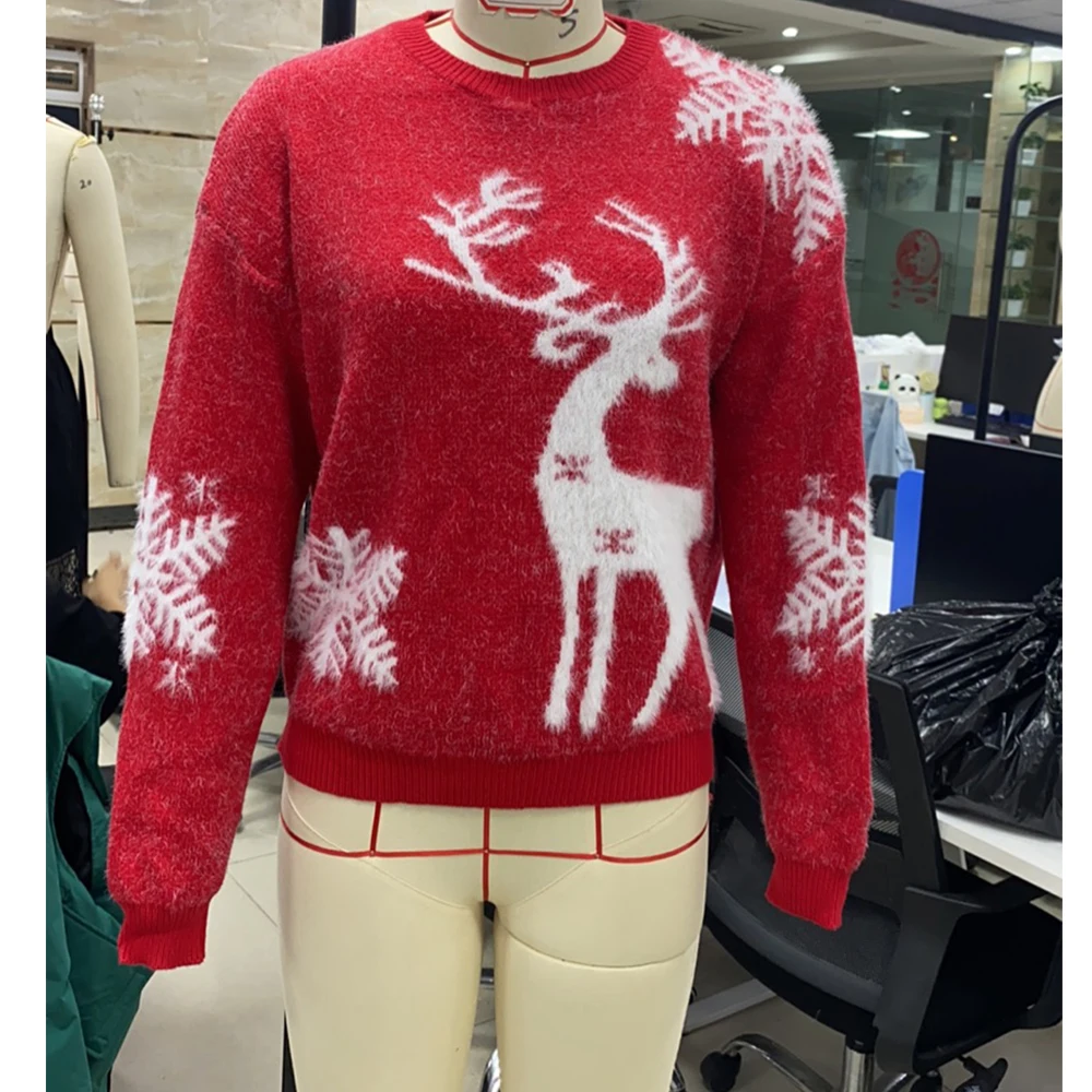 

Women's Autumn Winter Red Reindeer Sweaters Christmas Casual Crew Neck Long Sleeve Pullover Knitted Warm Tops Outwear