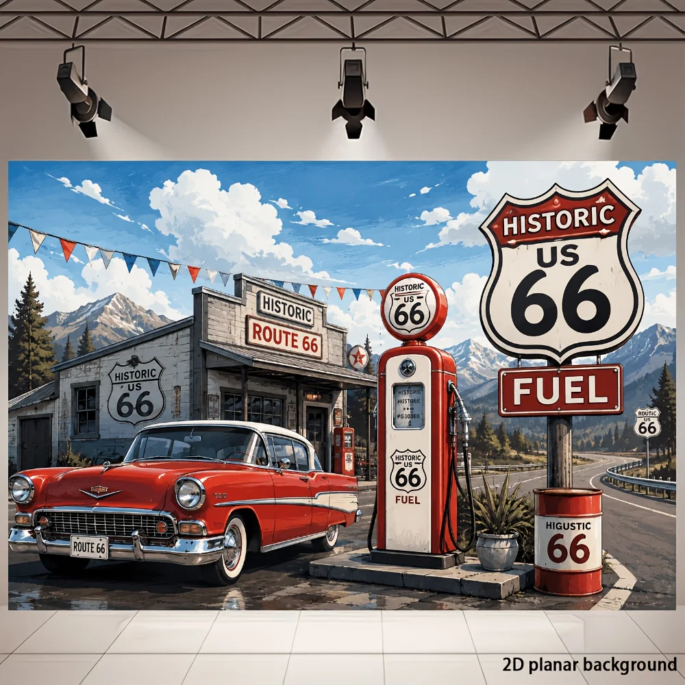 Eine 2D-Flagge. Bannerhintergrund im Retro-Stil für Route 66, mit klassischen Vintage-Auto- und Retro-Tankstellen-Mustern.