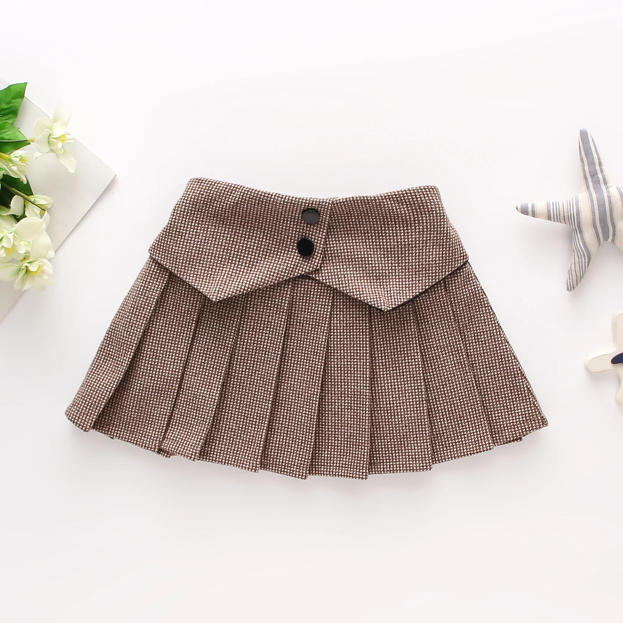 Autumn New Children\'s Clothing Button Simple Versatile Woolen Skirt British Style Fashionable Pleated Skirt