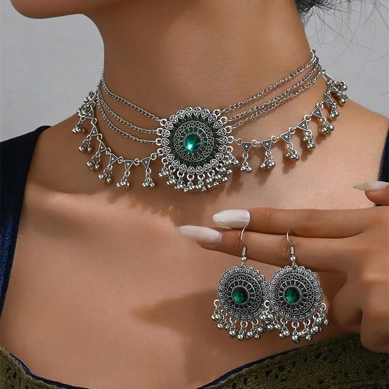 New Rhinestone Jewelry Sets Metal Beads Tassel Multilayer Necklace Earrings Set For Women Bijoux Statement Collar Necklace Set